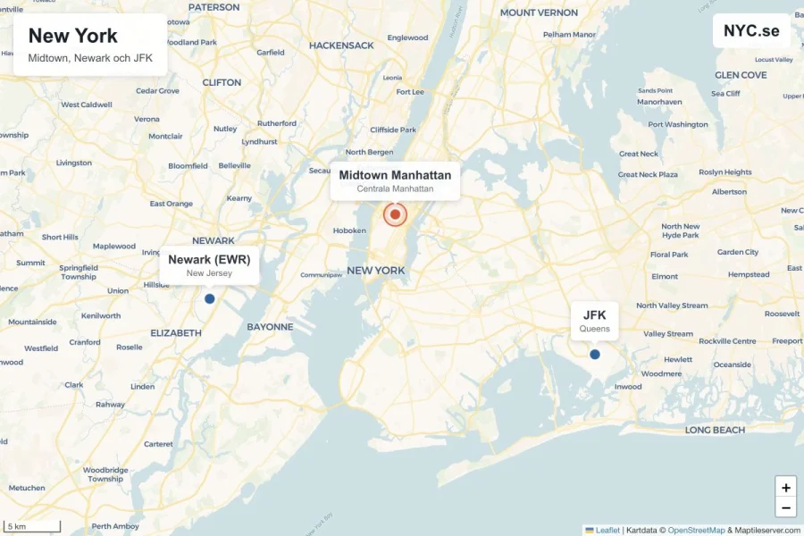 Karta med Midtown Manhattan, Newark och JFK markerade